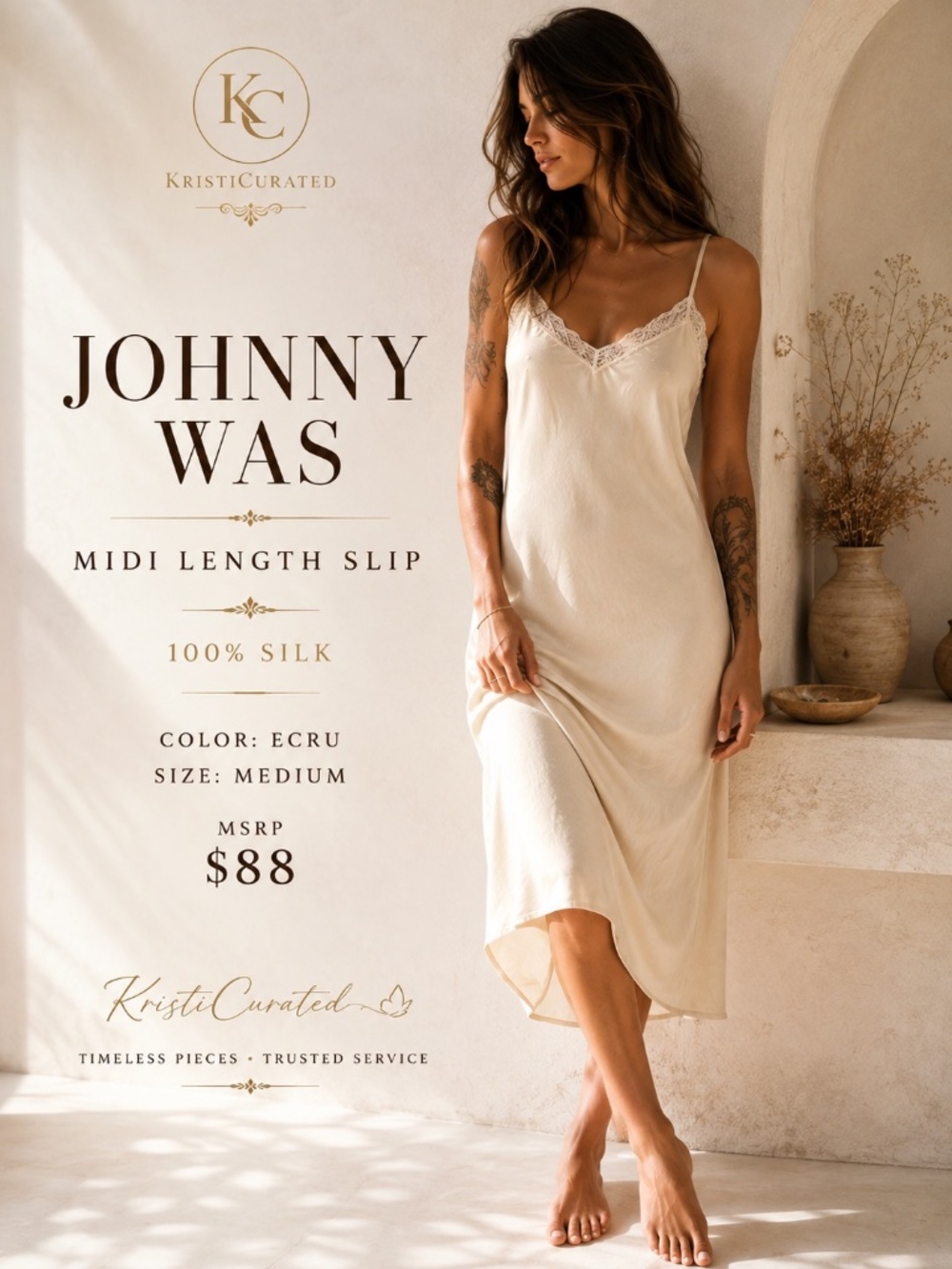 Johnny Was Midi Length 100% Silk Slip Dress Ecru M NWT $88